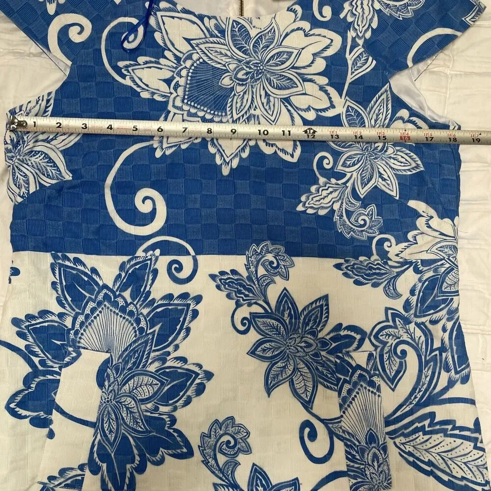 Just Taylor Dress Floral Blue & White Sheath‎ Shift Cap Sleeve Sz 12